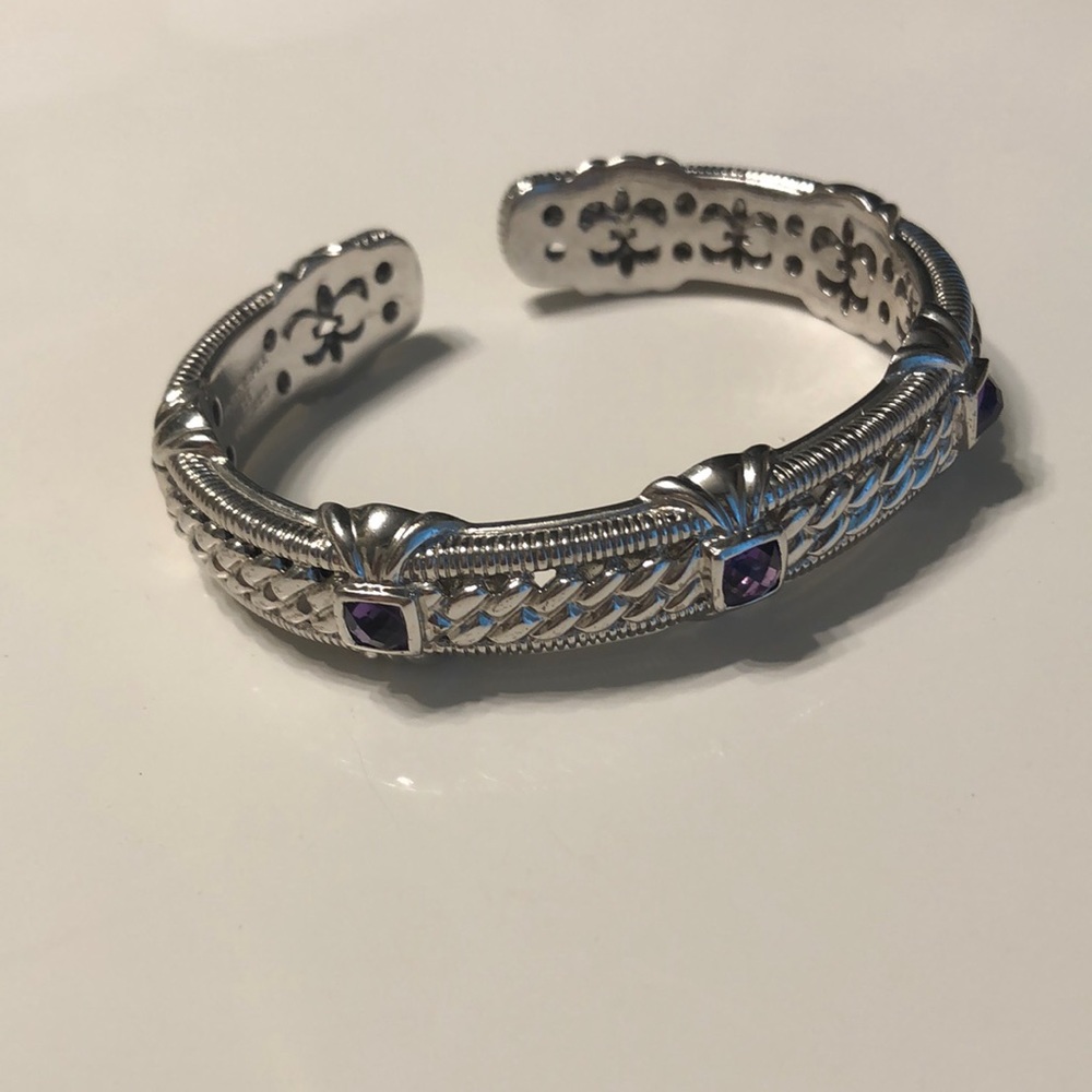 Judith Ripka hinged cuff sterling silver 925 bracelet with amethysts.